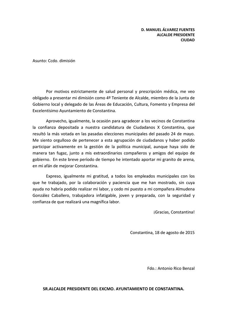 Carta de dimisión como concejal Antonio Rico