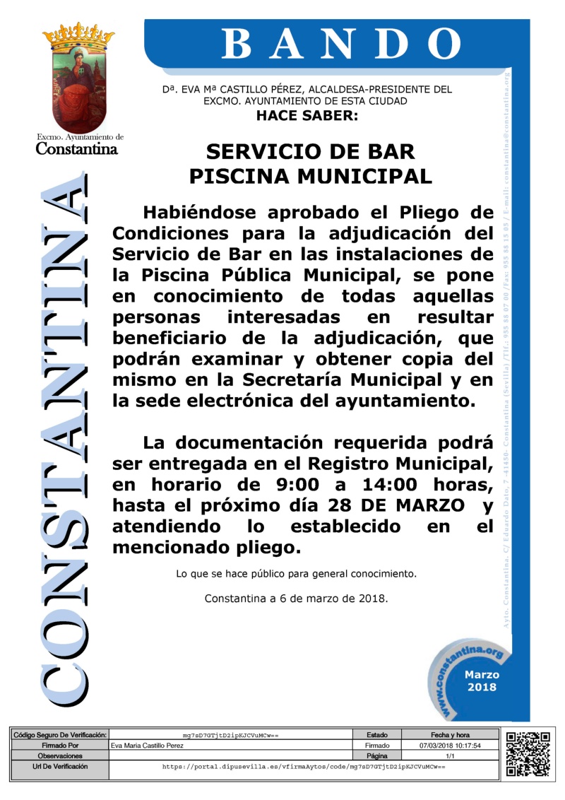Bando Servicio Bar Piscina Municipal Constantina 2018