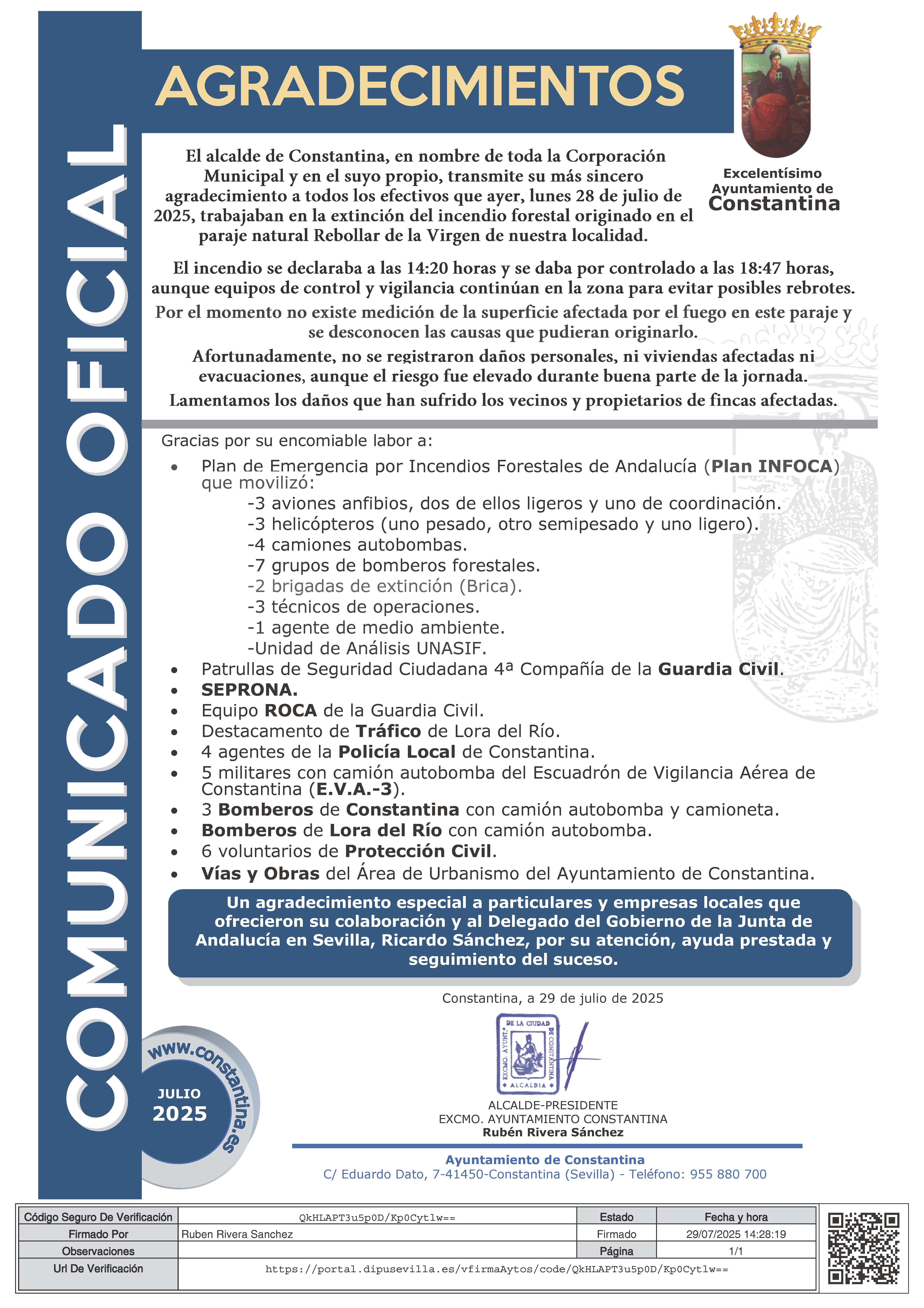 COMUNICADO OFICIAL Ayto Constantina_agradecimientos incendio forestal 28 junio 2025